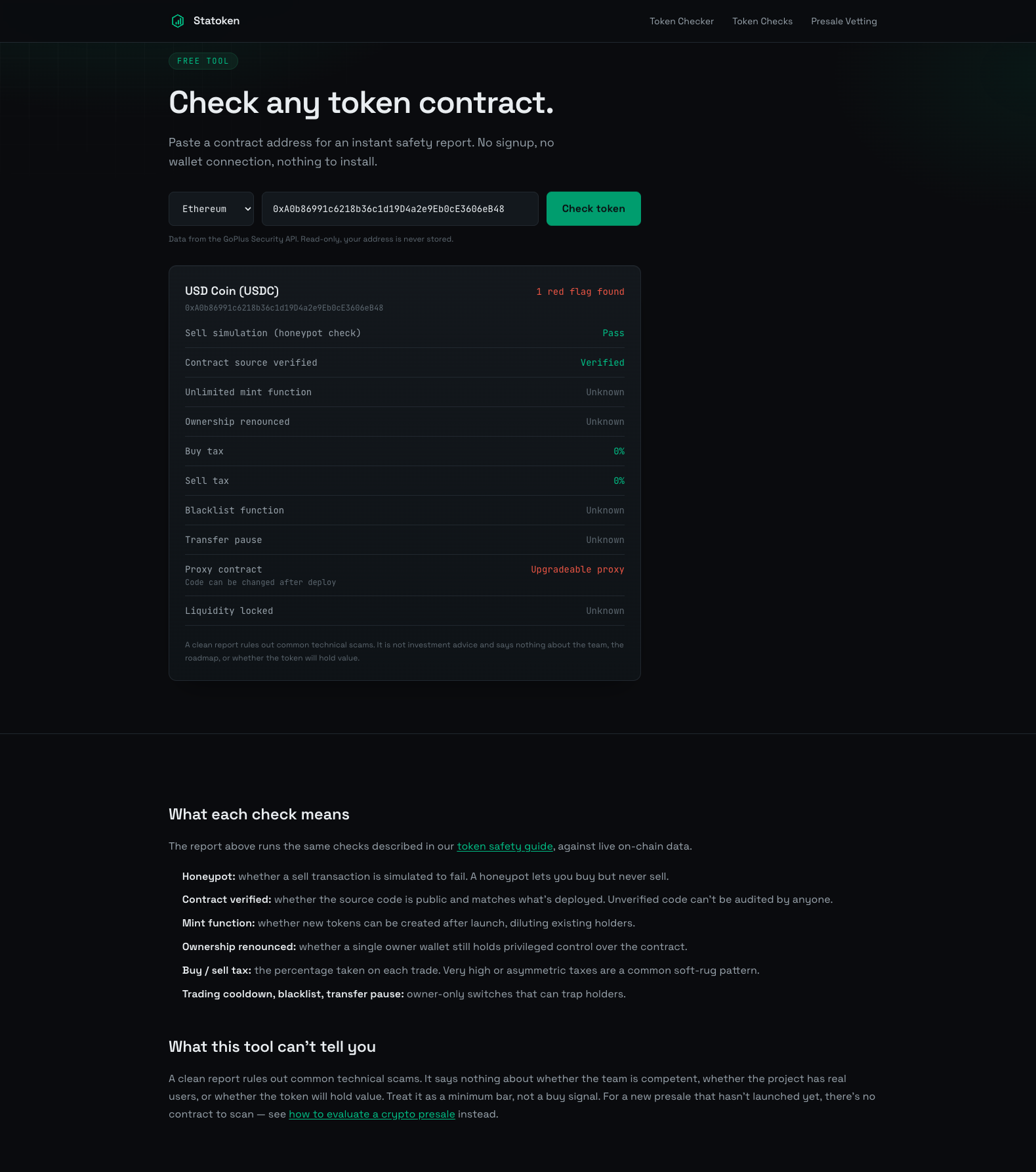 Statoken token checker showing a live scan result for the USD Coin (USDC) contract, flagging it as an upgradeable proxy